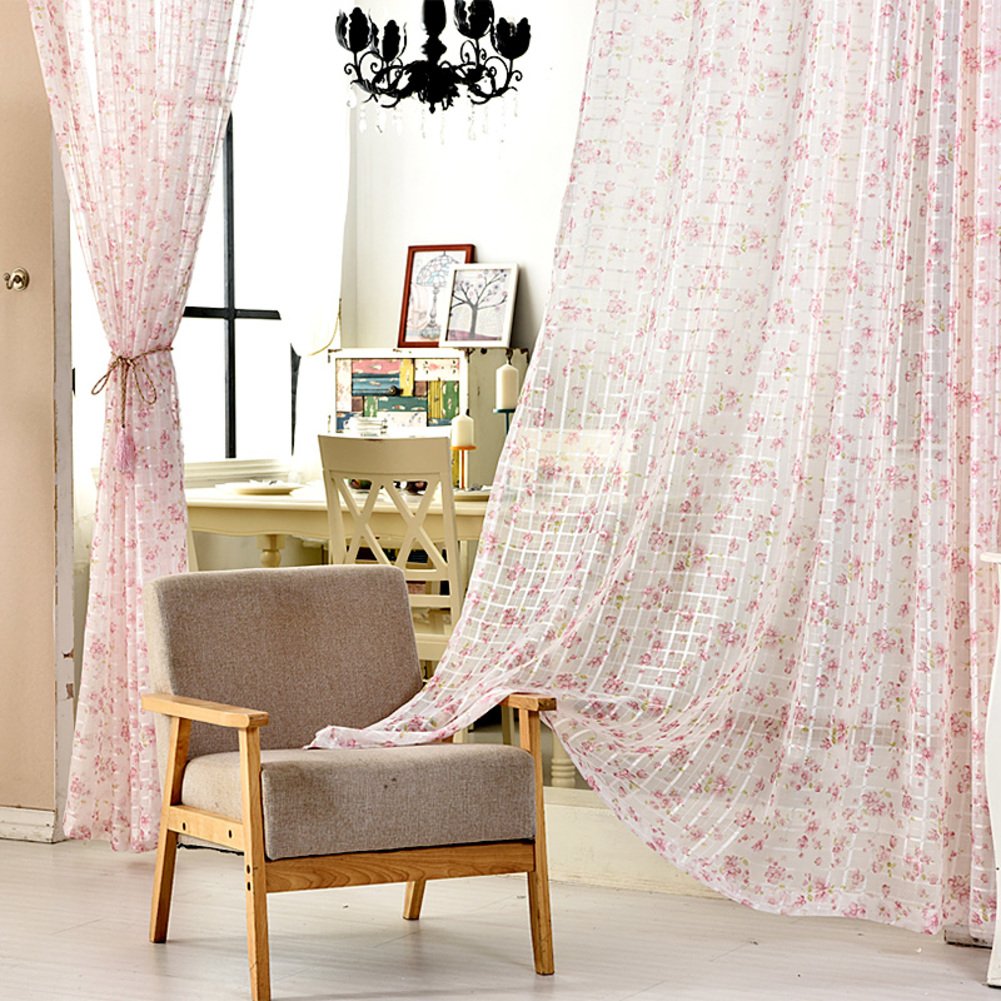 Amazon｜フラワープリント ピンク カーテン,田園 シアーカーテン